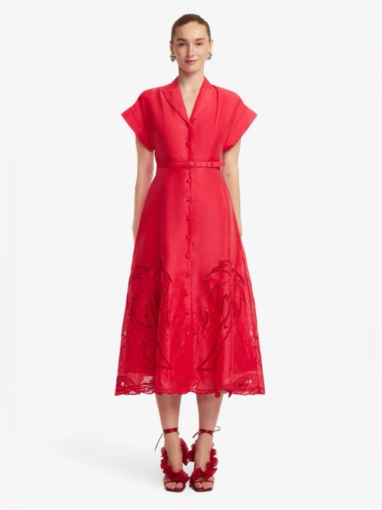 Leo Lin Dresses & Skirts - LEO LIN Audrey Red Belted Palm Embroidered Linen Shirt Midi Dress AU8/US4 NWOT